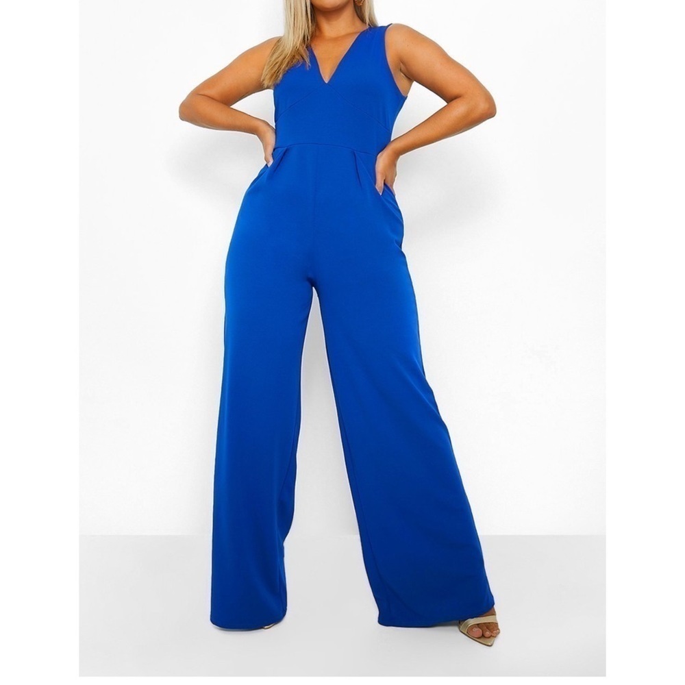 BOOHOO plunge wide leg jumpsuit, royal blue size:14